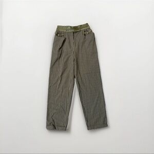 Vintage Alan Austin Olive Pinstripe Pants Size 26 Faux Leather Trim I 100% Wool